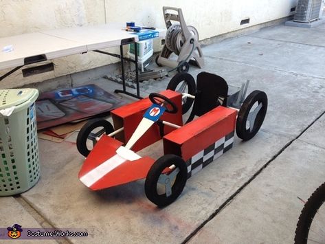 Jennifer: This year for Halloween, My friends and I decided to be Mario and Luigi. I was Mario and she was Luigi. With my Mario costume, I built my own cart... Mario Kart Diy, Mario Kart Halloween Costume, Mario Kart Halloween, Mario Kart Costumes, Mario Costume, Go Cart, Video Game Costumes, Homemade Costume, Costume Works