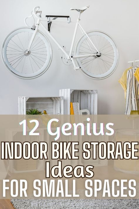 Discover 12 brilliant indoor bike storage ideas that will transform your small space into a clutter-free oasis. From minimalist wall mounts to creative floor stands, we've handpicked the best solutions for you. Click here to find your perfect storage solution and stay tuned for more inspiring ideas! Ideas For Bike Storage, Bike Wall Mount Living Room, Cycle Stand Wall, Clever Bike Storage, Stationary Bike In Bedroom, Hanging Bikes In Apartment, Balcony Bicycle Storage, Bike Storage Indoor Small Spaces, Small Apartment Bike Storage Ideas