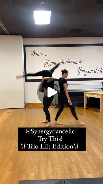 Synergy Dance LLC on Instagram: "Introducing Synergy’s ‘Try This’ Series: Trio Lift Edition 💃💃💃 Featuring @seminoledanceforce Give this lift a try and be sure to tag us! Follow along for more lift tutorials and choreography content! 🫶🏻#synergydancellc #dancelift #danceteamlifts #triolift #triodancelift #jazzlift #contemporarylifts #dancelifts #choreography #liftchoreo" Trio Dance Lifts, Trio Stunts, 3 Person Lifts Dance, Cool Dance Lifts, 3 Person Stunts Easy, Trio Dance Poses, Dance Lifts Group, Partner Lifts, Acro Lifts