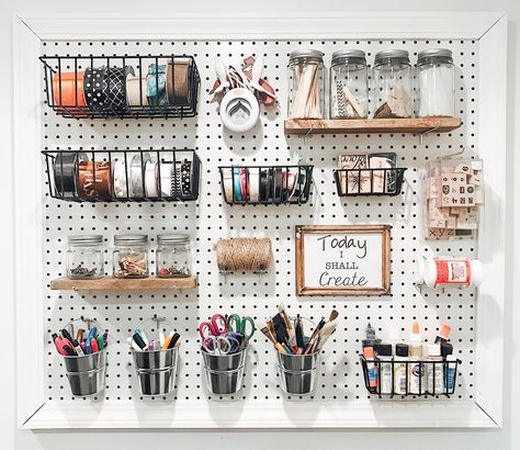 L Shaped Desk Craft Room, Craft Pegboard, Hang Pegboard, Pegboard Craft Room, Pegboard Storage, Craft Shed, Sewing Room Design, Dream Craft Room, Craft Room Design