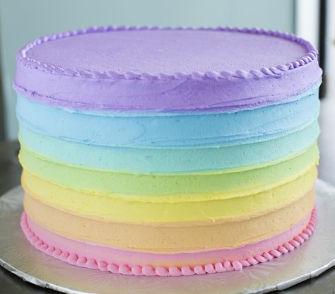 Pastel rainbow striped cake. Cake #201. Simple Pastel Rainbow Cake, Cake With Rainbow Decoration, Colorful 1st Birthday Cake, Pastel Rainbow Sheet Cake, Rainbow Frosted Cake, Birthday Cake Pastel Color, Pastel Colored Cake, Rainbow Shape Cake, Pastel 1st Birthday Cake