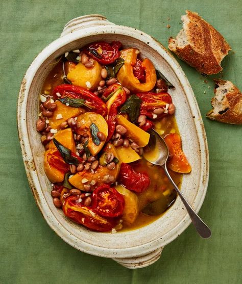 Meera Sodha’s vegan recipe for squash and borlotti beans with tomatoes and sage | Vegan food and drink | The Guardian Recipe For Squash, Roast Tomatoes, Meera Sodha, Borlotti Beans, Sage Recipes, Low Carb Vegetarian Recipes, Squash Recipes, Vegan Recipe, Veggie Sides