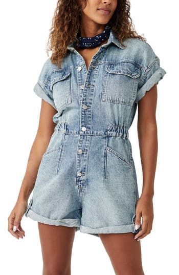 Free People Marci Cotton Denim Romper in Marrakesh at Nordstrom, Size X-Small Jeans Romper, Denim Shortalls, Summer Shorts Outfits, Denim Romper, Free People Pants, Sleeved Romper, Light Wash Denim, Get Dressed, Latest Fashion Trends