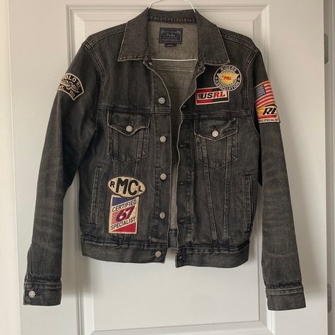 Ralph Lauren Polo Black Denim Jacket Patches Mens Size Medium (Never Worn) Black Denim Jacket With Patches, Black Denim Jacket Patches, Denim Jacket Patch, Patched Denim Jacket, Denim Jacket With Patches, Patch Denim Jacket, Jean Jacket Patches, Jacket Patches, Jacket Ideas