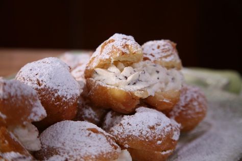 Just wanted to share this delicious recipe from Lidia Bastianich with you - Buon Gusto! Fried Sweet Dough Stuffed Beignets, Lidias Kitchen, Beignets Recipe Easy, Zeppoli Recipe, Zeppole Recipe, Incredible Desserts, Lidia's Recipes, Ricotta Cream, Italian Sweets