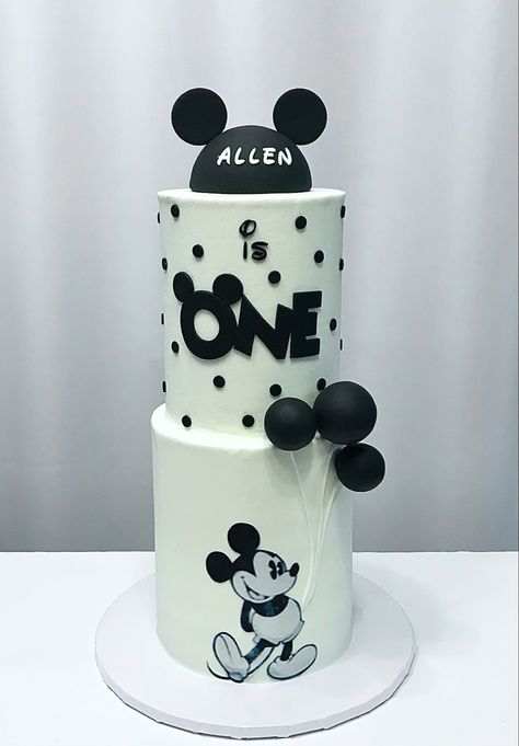 Modern Mickey Mouse Birthday Cake, Vintage Mickey Mouse Cake, Modern Mickey Mouse Cake, Mickey First Birthday Cake, Black And White Mickey Mouse Party, Modern Mickey Mouse Party, Modern Mickey Mouse Birthday, Mickey Mouse Smash Cake, Mickey Birthday Cakes