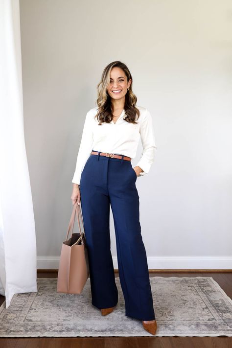 Business Casual Outfits Navy Pants, Navy Blue And Tan Outfit, Blue Office Outfits Women, Blue Pants Work Outfit, Slacks Outfit Formal, Lawyer Outfits Women, Blue Pants Outfit, Corporate Girl, Slacks Outfit