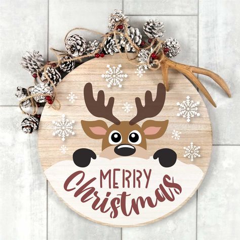 One of the happiest holidays of the year can enjoy some new style. Spruce up your home with Christmas stencil designs for the season. Shop now! Simple Signs Diy, Painted Christmas Ornaments Wooden Door Hangers, Cricut Sign Christmas, Christmas Round Wooden Door Hangers, Door Sign Fall, Christmas Decorations With Cricut, Cricut Round Wood Signs Diy Christmas, Circle Cricut Signs, Christmas Wood Art Painted