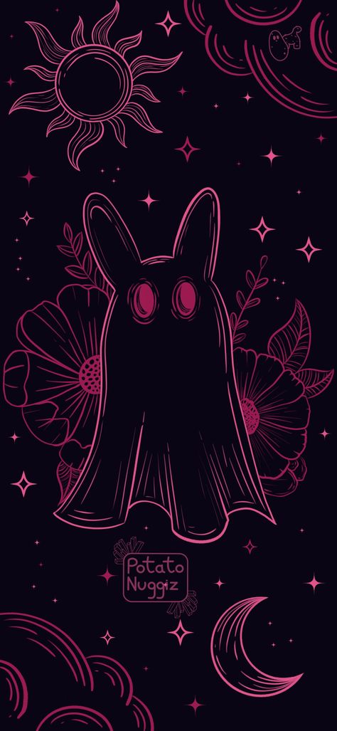 Celestial-themed Bunny Ghost with flowers, clouds, moon, sun and stars Cute Dark Illustration, Pastel Goth Lockscreen, Whimsical Illustration Wallpaper, Gothic Easter Wallpaper, Cute Goth Phone Wallpaper, Kawaii Goth Wallpaper Iphone, Gothic Kawaii Wallpaper, Spooky Easter Wallpaper, Goth Easter Wallpaper