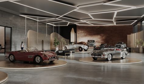 Super Car Showroom, Porsche Showroom Interior, Vintage Car Showroom, Car Showroom Design Interior Luxury, Luxury Showroom Design, Car Dealership Interior Design, Cars Showroom Design, Car Show Room Design, Car Showroom Design Exterior