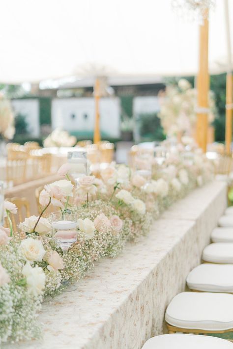 Head table pale pink and white flower runner with babies breath and roses. Charleston destination wedding reception decor. Charleston destination wedding photographer. Floral Table Runners Wedding, Pink Fall Wedding, Fall Destination Wedding, Destination Wedding Reception Decor, Baby's Breath Wedding Flowers, Save Wedding, Downtown Charleston Sc, Pink Roses Wedding, Pink And White Weddings