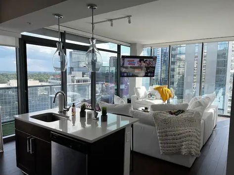 High Rise Apartment Decor Living Room, High Rise Apartment Kitchen, Luxury High Rise Apartment Decor, Dream High Rise Apartment, Aesthetic High Rise Apartment, Small Penthouse Apartment, High Rise Apartment Aesthetic, Nyc Apartment With View, High Rise Apartment Decor