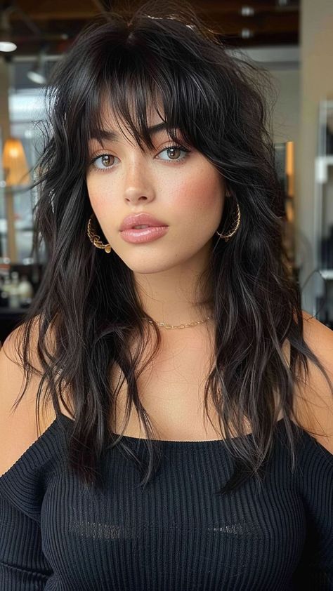 Long Hair Sweeping Bangs, Bohemian Hairstyles For Medium Hair Shoulder Length, Short Dark Hair With Fringe, Sag Haircut, Edgy Bangs With Medium Hair, Black Choppy Hair, Different Style Bangs, Celebs With Bangs, Money Piece Hair Bangs