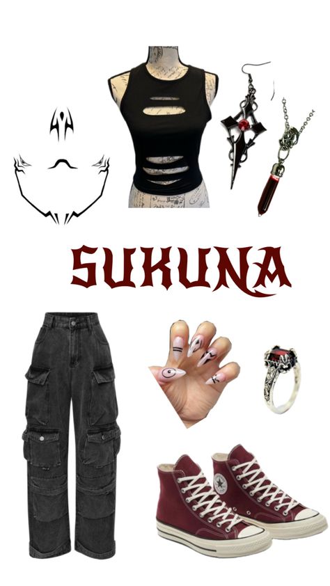 Ryoken Sukuna Costume Sakuna Jujutsu Outfit, Easy Anime Costumes Diy, Demon Slayer Costume Ideas, Sukuna Halloween Costume Girl, Sukuna Inspired Outfit, Sukuna Outfit Inspired Female, Sukuna Costume Female, Sukuna Halloween Costume, Fem Sukuna Cosplay