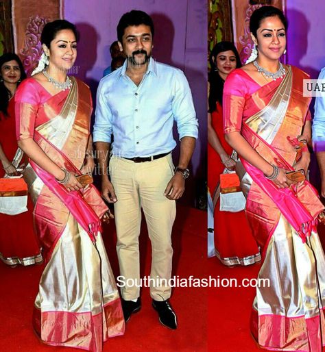 Surya and Jyothika at Radhikas Daughter Rayanes Wedding photo Jothika In Saree, Surya And Jyothika, Surya Jyothika, South Indian Sarees, Indian Saree Blouse, Indian Saree Blouses Designs, Indian Silk Sarees, Silk Saree Blouse Designs, Wedding Saree Indian