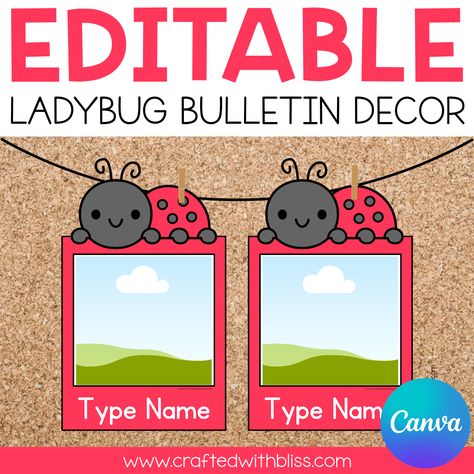 Brighten up your classroom with this adorable Editable Ladybug Photo Bulletin Decor! This Canva template is designed to add a cheerful and personalized touch to your bulletin boards with vibrant ladybug-themed designs. Included: Canva template with editable fields for names and photos Ideal For: Classroom bulletin boards Door decorations Student photo displays Welcome boards Seasonal decor Classroom doors How to Use: Access the Canva Template:Open the provided link to the Canva template. Edit the Fields:Customize the name and photo for each student or individual. Download and Print:Save your customized design and print it out on quality paper. Display:Decorate your classroom or bulletin board. Download the Editable Ladybug Photo Bulletin Decor Canva Template today and create a cheerful and Ladybug Bulletin Board Ideas, Ladybug Classroom Door, Ladybug Bulletin Boards, Boards Door, Ladybug Frame, Welcome Bulletin Boards, Paper Display, Science Classroom Decorations, Classroom Doors