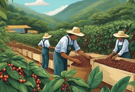 Lush coffee plants grow alongside a traditional Colombian coffee processing station, while workers carefully handpick ripe arabica coffee cherries Coffee Hamper, Coffee Processing, Coffee Education, Coffee Hampers, Brazil Coffee, Coffee Plants, Types Of Coffee Beans, Colombian Art, Coffee Origin