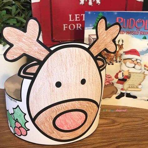 Free Reindeer Printable Hat for Preschool Easy Holiday Crafts For Preschoolers, Preschool Rudolph Crafts, Easy Preschool Holiday Crafts, Prek Reindeer Craft, Christmas Party Hats For Kids, Reindeer Themed Party, Rudolph Activities For Kids, Christmas Craft Ideas For Kindergarten, Kindergarten Craft Christmas