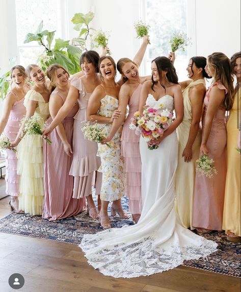 Maid Of Honor In Different Dress, Pink Yellow Bridesmaid Dresses, Multicolored Bridesmaids Dresses Spring, Spring Pastel Bridesmaid Dresses, Summer Mismatched Bridesmaid Dresses, Light Pink And Yellow Wedding, Yellow And Pink Bridesmaid Dresses, Pink And Yellow Bridesmaid Dresses, Pink And Green Bridesmaid Dresses