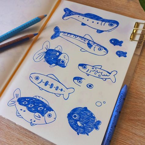 Something seems fishy here 🤨🐟 Mmh, what's that ? First real post of the year ? Well, yeah, maybe 🤭✨️ sorry for the long abscence. How are you guys feeling ? ✨️ I hope you feel good, you feel glam.. because you are 😉 Anyways, see you later ✨️ . . . . #art #sketchbook #blue #fish #smallartist Ocean Sunfish Drawing, Blue Fish Illustration, Cat With Fish Drawing, Fish Bowl Doodle, Fish Drawing Abstract, Fish Drawings Cute, Name Sketches Ideas, Easy Journal Drawings, Cal Arts Sketchbook