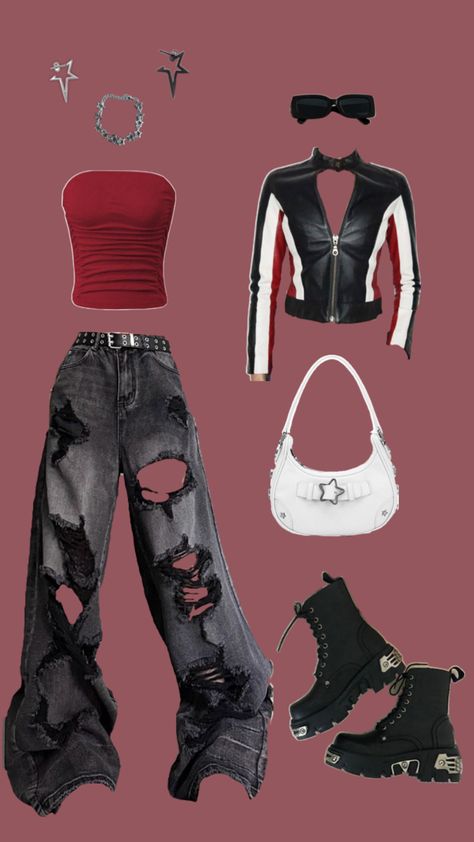 outfit idea for riding on the back of a strange, but hot man’s motorcycle. the thrill of possibly being initiated into a biker gang. ur man will never find out. Streetwear Baddie, 2000s Clothes, Biker Gang, Concert Fits, Motorcycle Outfit, Biker Style, Kpop Outfits, Baddie Outfits, Outfit Idea