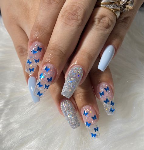 Nails 2023 Trends Butterfly, Transparent Butterfly Nails, Butterfly And Rhinestone Nails, Gel X Butterfly Nails, Nail Designs With Clear Nails, Nails Acrylic Butterfly Short, Cute Acrylic Nails With Butterflies, Nail Acrylics With Gems, Incapcilated Butterfly Nails