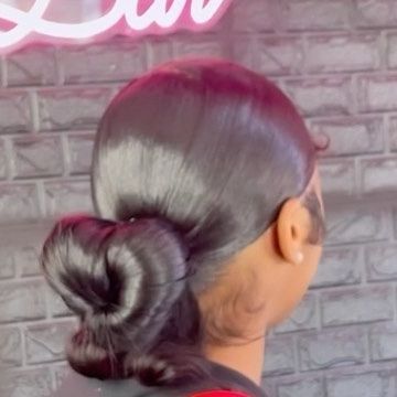 Sleek Heart Bun, Heart Slick Back Bun, Heart Buns Hairstyle Black Women, Heart Shape Ponytail, Heart Bun With Swoop, Heart Shaped Slick Back Bun, Heart Shaped Bun Hairstyles, One Bun Hairstyles, 2 Heart Buns