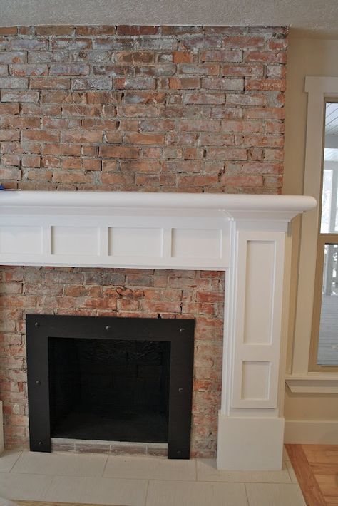 Brick Pavers Fireplace Surround, Full Brick Wall Fireplace, Antique Brick Fireplace, Brick Fireplace Mantles, Windmill Model, Exposed Brick Fireplaces, Red Brick Fireplaces, Fireplace Redo, Kitchen Chimney