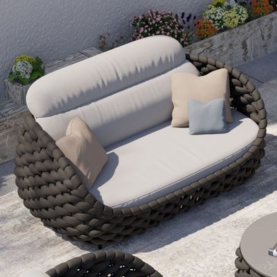 2-Seater Woven Rope Outdoor Sofa Patio Loveseat with Removable Cushion in Gray & Black-Homary Garden Couch, Sectional Patio Furniture, Patio Couch, Patio Loveseat, Sectional Furniture, Couch Set, Patio Sectional, Outdoor Material, Patio Sofa