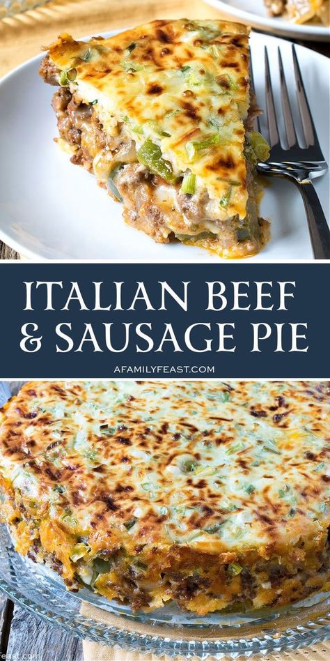 Italian Beef and Sausage Pie combines ground beef, sweet Italian sausage, three kinds of cheese, onions and peppers, and Italian seasonings in a satisfying and delicious meal. Sausage Pie, Italian Seasonings, Italian Sausage Recipes, Sausage Dishes, Italian Beef, Kinds Of Cheese, Sweet Italian Sausage, Beef Recipes Easy, Beef Recipes For Dinner