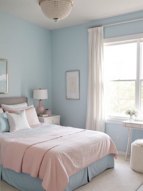 Create a trendy and chic bedroom by painting one wall in a soft light blue and add pops of pink through decorative accents like throw pillows and curtains. Complete the look with a stylish and functional desk for added function and style. Light Blue Girls Bedroom, Pink Accent Wall, Pretty Bedroom Decor, Girls Blue Bedroom, Pink Accent Walls, Light Pink Walls, Blue Painted Walls, Pastel Bedroom, Pink Bedroom For Girls