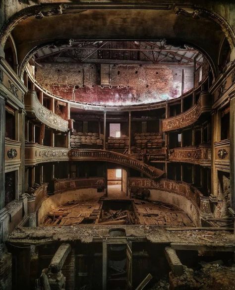 An abandoned theater from the mid-19th century in a small town in the south of the Italian province of Piedmont. 19 Century Aesthetic, 19th Century Aesthetic, Theatre Building, Nightclub Design, The Vampire Chronicles, Abandoned Houses, Ghost Towns, Corporate Design, East London