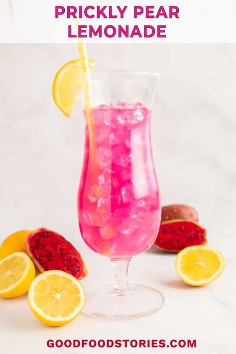 Prickly pear lemonade is a Southwestern version of homemade lemonade. Its bright pink color comes from prickly pear syrup, made from cactus fruit. Enjoy it plain or make it into a cocktail with vodka. Prickly Pear Lemonade Recipe, Pear Lemonade Recipe, Prickly Pear Lemonade, Pear Lemonade, Prickly Pear Recipes, Pear Drinks, Cocktail With Vodka, Prickly Pear Juice, Pear Syrup