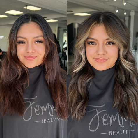 From outgrown color - to - a soft rich brunette with a contrast money piece 𝐓𝐨 𝐚𝐜𝐡𝐢𝐞𝐯𝐞 𝐭𝐡𝐢𝐬 𝐰𝐞 𝐝𝐢𝐝… • traditional full highlight • faceframing highlights • root smudge • custom toning • blowdry style #brunettehair #brunettebalayage #moneypiece #moneypiecebalayage #dimensionalbrunette #chicagohairstylist #chicagohairstylists #illinoishairstylist Highlighted Money Piece, Root Smudge Brunette, Highlights Root Smudge, Soft Money Piece, Brunette Money Piece, Moneypiece Hair, Root Stretch, Full Highlight, Root Smudge