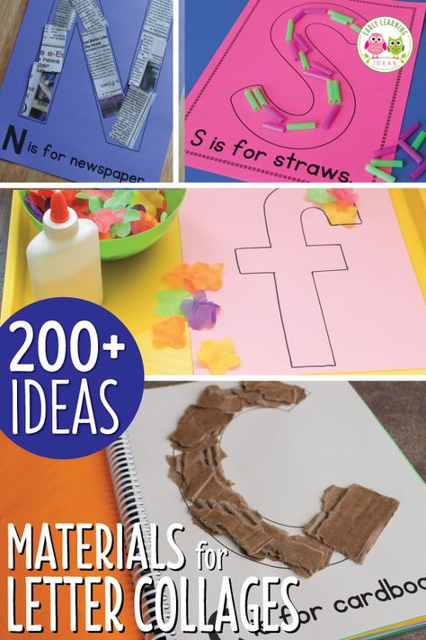 Letter activities like letter collages or letter mats are a great hands-on way to teach letter identification and reinforce letter-sounds. Here are over 200 material ideas that you can use for your collages or letter mats. A printable reference list or art and other materials are included. Better than worksheets, these are the perfect fun literacy activity for your preschool and pre-k classroom or lesson plans.  Your young children will love this sensory learning opport via @Early Learning Ideas Pre K Classroom, Literacy Activities Preschool, Letter Collage, Material Ideas, Sensory Learning, Children Activities, Letter Identification, Preschool Literacy, Jolly Phonics