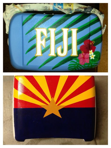 Cooler I've been crafting for Fiji Islander formal! Fiji Frat, Mountain Weekend Cooler, Canvas Sorority, Cooler Connection, Formal Cooler Ideas, Fraternity Coolers, Recruitment Sorority, Coolest Cooler, Windmill Decor