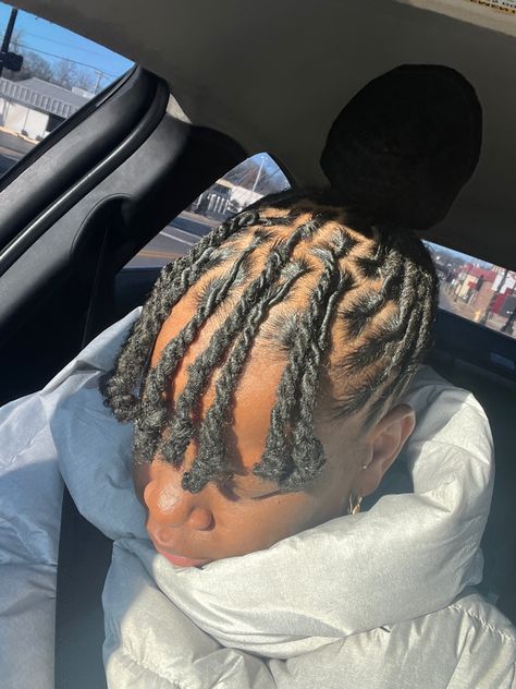 Loc Top Knot Bun, High Bun Loc Styles, Loc Knot Bangs, Loc Bun With Bangs, Half Up Half Down Loc Styles, Mirco Locs, Tiny Locs, Styling Locs, December Hairstyles