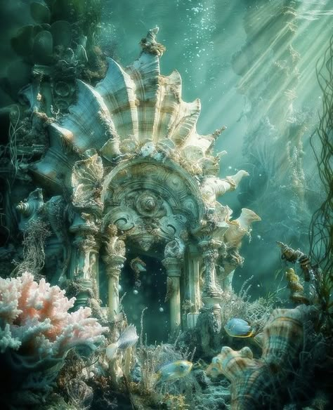 Underwater Portal Fantasy Art, Fantasy World Underwater, Magical Underwater World, Ocean Fantasy Art Underwater, Fantasy Water Kingdom Aesthetic, Fantasy Underwater Creatures, Mermaid Cove Aesthetic, Underwater Kingdom Aesthetic, Under The Ocean Aesthetic