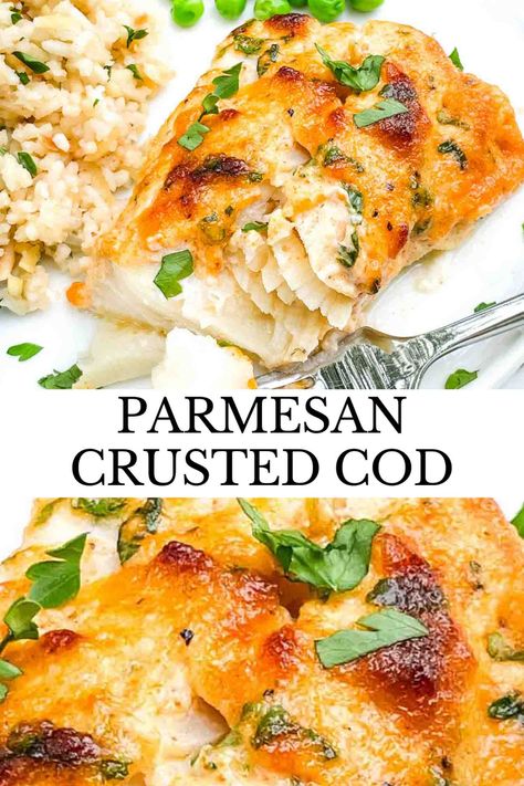 Fast and easy Parmesan Baked Cod recipe is a great weeknight seafood dinner idea! A flaky white fish topped with a creamy cheese coating for a healthy meal. Alaskan Cod Recipe, Cod Loin Recipes, Best Cod Recipes, Cod Fish Recipes Baked, Parmesan Crusted Fish, Fresh Fish Recipes, Filet Recipes, Haddock Recipes, Baked Cod Recipes