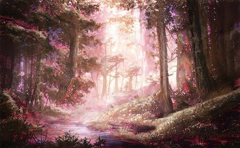 Magic Forest Background, Pink Forest Aesthetic, Pink Forest Background, Butterfly Forest, Branches Of Trees, Pink Landscape, Magic Background, Spring Court, Anime Flower