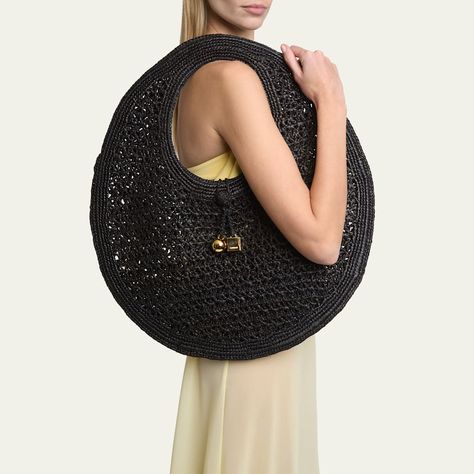 Jacquemus "Le Rond" tote bag in raffia  Shoulder strap Open top with toggle closure  Approx. 21.6"H x 21.7"W x 0.5"D Made in Italy Black Mini Bag, Raffia Tote Bag, French Baskets, Luxury Purses, Woven Raffia, Raffia Bag, Open Top, Black Tote Bag, Black Handbags