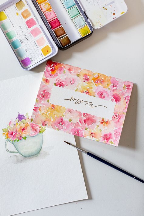 How to paint a sweet teacup with flowers and free Mother’s day card printable Watercolor Basic, Watercolor Birthday Cards, Watercolor Birthday, Watercolor Greeting Cards, Paint Cards, Watercolor Flower Art, Card Drawing, 수채화 그림, Diy Watercolor