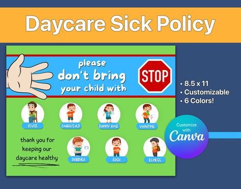 "As a daycare or childcare professional, you know the importance of keeping your little ones healthy and safe. That's why our Daycare Sick Policy Poster Set is the perfect addition to your facility. This set includes six vibrant and eye-catching posters, each in a different color, to help you clearly communicate your sick policy to both staff and parents. But the best part? These posters are 100% customizable using Canva, so you can tailor them to fit your specific needs and policies. Whether yo Information Bulletin Boards, Daycare Schedule, Daycare Organization, Parent Board, Home Day Care, Daycare Forms, Weekly Menu Planning, Birthday Reminder, Church Nursery