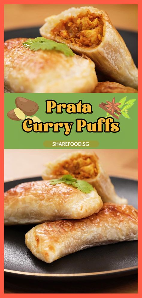 One of the most common breakfast here in Singapore is roti prata with chicken curry. Now we present to you the ultimate two-in-one breakfast: the Prata Curry Puff! Using frozen prata to replace the traditional curry puff pastry results in a bigger and really crispy and flaky puff with the flavour of prata. And the best thing about making your own curry puffs is you can fill it up to the brim! Roti Prata Recipe, Prata Recipe, Easy Snack Appetizers, Asian Cuisine Recipes, Food Singapore, Curry Puffs, Nyonya Food, Curry Puff, Malaysian Recipes