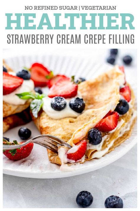 This easy strawberry cream cheese crepe filling is incredibly creamy and a healthier alternative to the usual whipped cream filling. Made with cream cheese, Greek yogurt, strawberry chia jam and fresh berries, it’s perfectly sweet and delicious. Serve this healthy crepe filling in breakfast or dessert crepes! Healthy Crepe Filling, Crepe Filling Ideas Breakfast, Strawberry Crepe Filling, Crepe Filling Recipe, Cream Cheese Crepe Filling, Crepe Recipe Filling, Healthy Whipped Cream, Strawberry Crepes Recipe, Crepe Filling