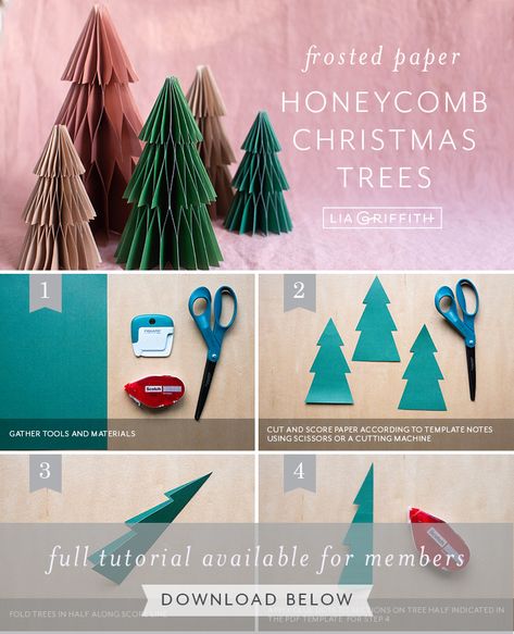 Frosted Paper Honeycomb Trees for Holiday Mantel - Lia Griffith 3d Paper Christmas Tree Template, Diy Flower Decorations, Friendsgiving 2023, Diy Paper Christmas Tree, Diy Natal, Paper Christmas Decorations, Holiday Mantel, Honeycomb Paper, Christmas Paper Crafts