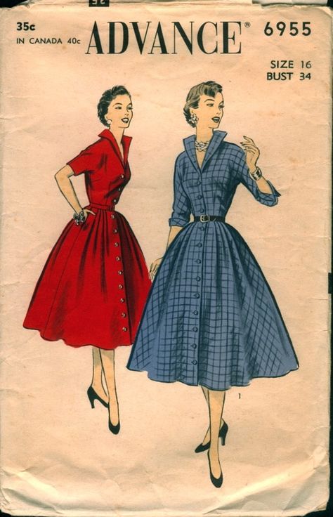 Red Floral Fabric, 60s Vintage Fashion, Vintage Clothes Patterns, Wing Collar, 20th Century Fashion, Vintage Dress Patterns, Shirtwaist Dress, Illustration Fashion Design, 50s Fashion