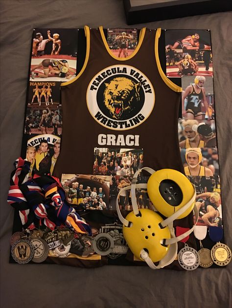 Wrestling Shadow box Graduation Party Ideas For Wrestler, Senior Wrestling Posters, Wrestling Medal Display Ideas, Wrestling Shadow Box Ideas, Senior Night Posters Wrestling, Wrestling Graduation Party Ideas, Wrestling Banquet Centerpieces, Senior Night Wrestling Ideas, Wrestling Senior Night Ideas Poster