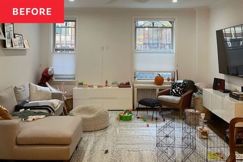 Before and After: How To Get a Playroom in Your Living Room without Sacrificing Style (and Everything Else) Cluttered Living Room, Nyc Living Room, Stylish Playroom, Playroom/living Room, Kid Friendly Living Room, Small Playroom, Family Living Room, Living Room Playroom, Nyc Living