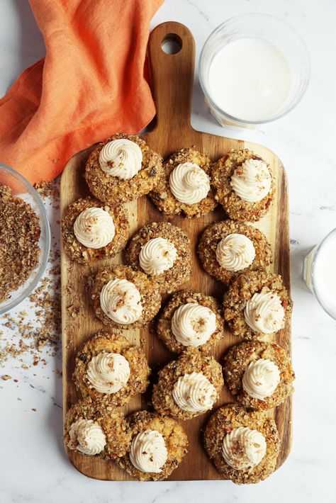 Carrot Cake Thumbprint Cookies - The Candid Appetite Homemade Tater Tots, Carrot Cake Cookies, Stuffed Potato Balls, Ginger Nut, Mini Cakes Birthday, Thumbprint Cookies, Easter Cakes, Taste Of Home, Banana Pudding